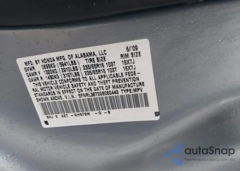 2009 Honda Odyssey Ex-L from USA, damaged, VIN 5FNRL38729B060443